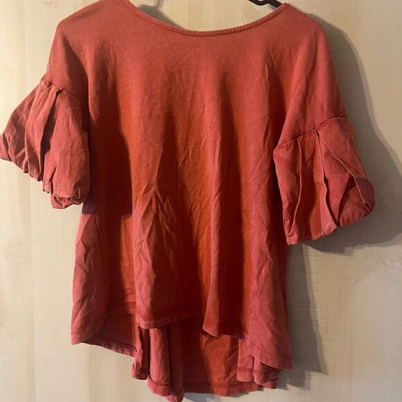 Frye short sleeve bell sleeve orange rust top round neck low back size small‎ - Picture 2 of 9